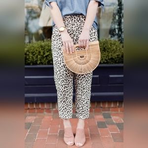 J. Crew Leopard Paper Bag Linen Blend Pleated Ankle Crop Pants Women's Size 2
